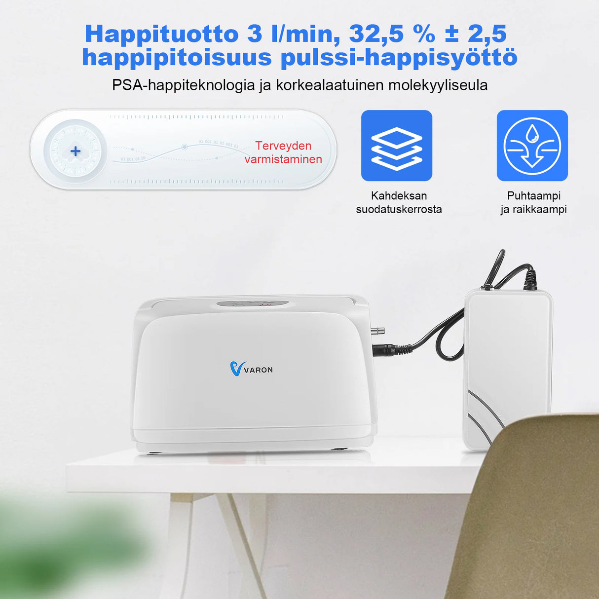 VARON kevyt kannettava happikonsentraattori VL-1 | CE-sertifioitu